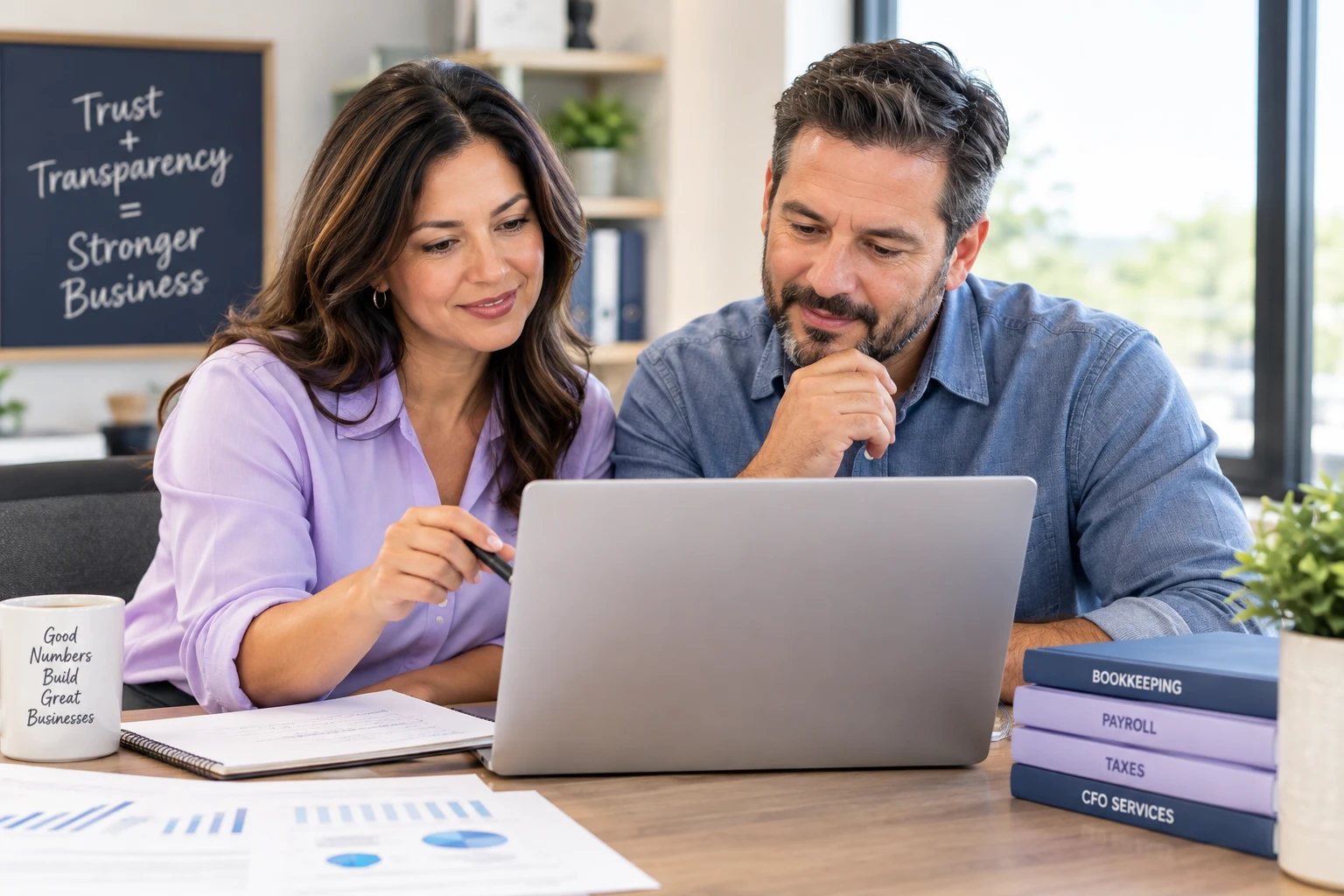 A bookkeeper and a business owner reviewing financial reports together on a laptop