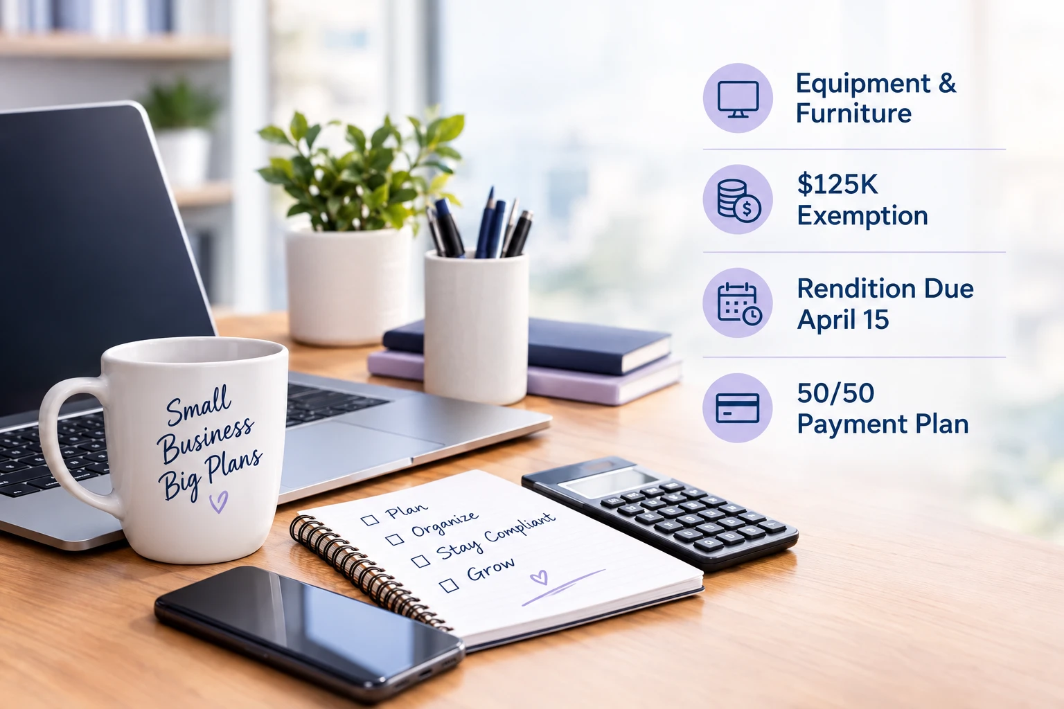 A desk with a laptop, a notebook checklist, and a calculator beside four labels: equipment and furniture, the $125K exemption, rendition due April 15, and the 50/50 payment plan