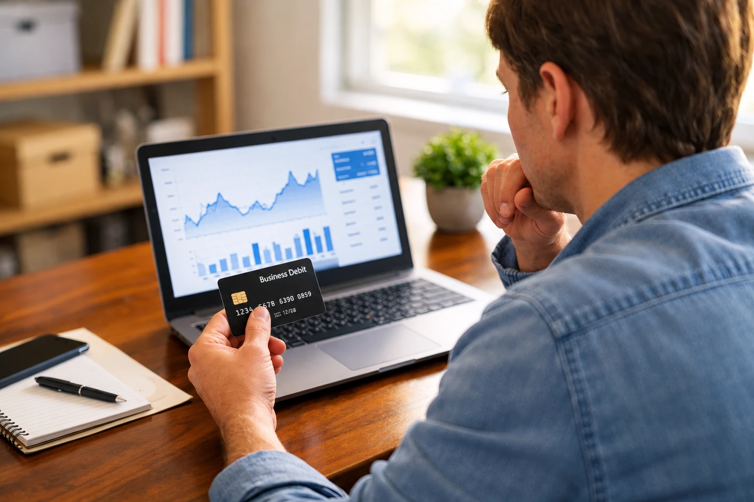 A business owner at a laptop showing financial charts, holding a business debit card