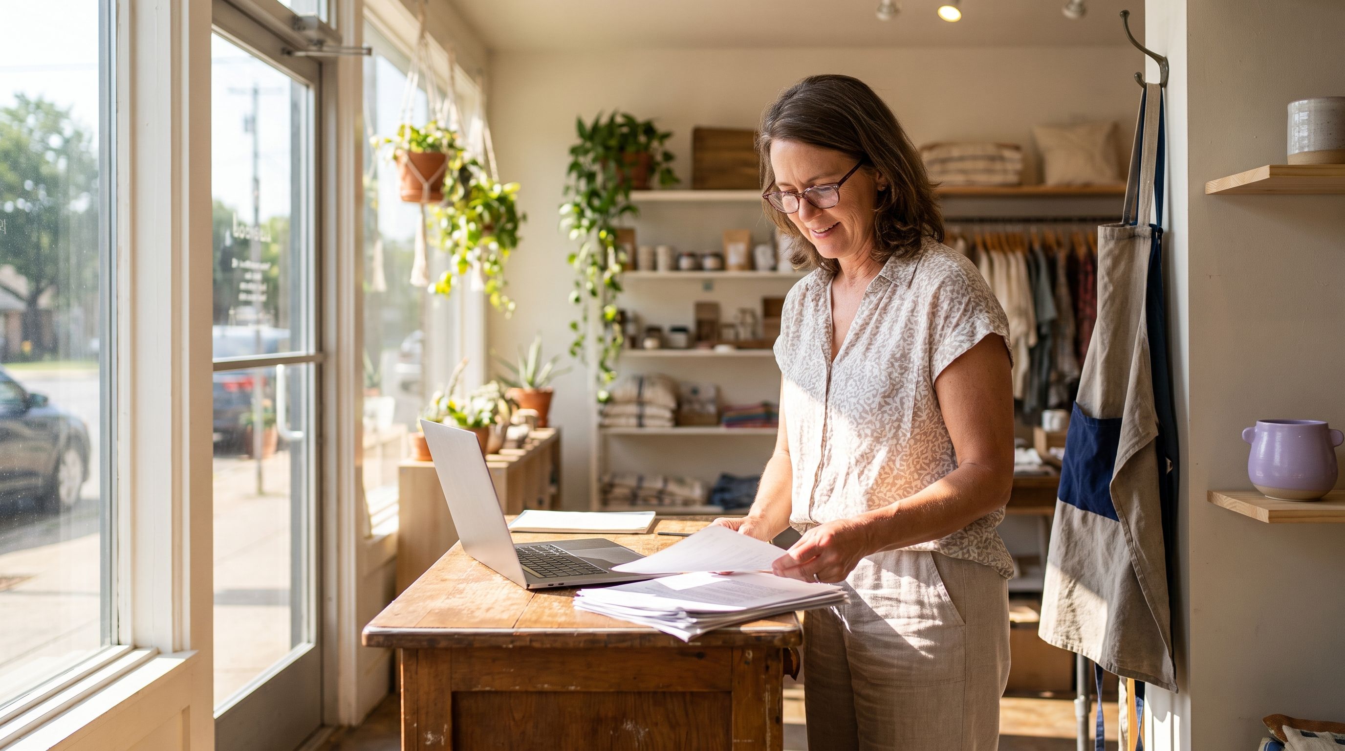 Small business owner reviewing mid-year books at her shop counter on a bright summer day